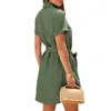 Party Dresses Button-Up Shirt Dress Lapel V Neck-knappen ner med Belted Pocket Women's Summer Short for Streetwear