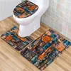 Shower Curtains Vintage Brown Tile Bathroom Floor Mats Rugs Stone Washable Lin Bath Toilet Covers Accessory