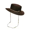 2023 Zomer Elegante parelketting Flat Zon Hoeden voor vrouwen Chapeau Feminino Strawhat Panama Wijd rand Antiuv Beach Cap Girl 240415