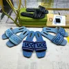 Frauen Designer Sandalblau Denim Dieschel Leinwand flacher Slipper bestickter Maultier Summer House Pool Comfort Slides Flip Flops Strand