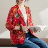 Frauenanzüge Ankunft Spring Arts Style Frauen drei Viertelhülsen gekerbter Kragen Blumener Pring Single Breace Cotton Leinen Blazer S02