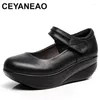 Dress Shoes 2024 Women Genuine Leather Casual Wedge Ankle Straps Shallow Mouth Platform Soft Sole Lady Swing