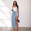 Denim High Slit For Women's Spring/Summer 2024 New Washed Solid Color Mid Length Skirt