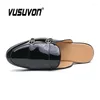 Casual Shoes Fashion Men Half Slippers Patent Leather Loafers Breathable Black Soft Outdoor Flat Women Summer Mules Slides 38-47