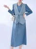 Casual Dresses Lanmrem Patchwork Pleated Dress for Women V Neck LongeChes Color Block Belt Ladies Clothes Design 32A331