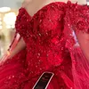 Red Shiny Quinceanera Dresses Ball Gown Sequins Appliques Lace Beaded Sparkle With Cape Mexican Sweet 16 Dresses 15 Anos