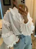 Camicette da donna increspatura di camicie da donna sciolta 2024 manica lunga cotone elegante maglietta bianca da donna ledies street casual vacanza coperta di donna baggy
