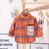 T-shirts 2023 Spring Boys Plaid Shirts Kids Långärmad bomullskläder Kostym Baby Girl School Blouse Red Top Tee Shirts Outfit 18M7Y