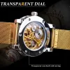 Satser Forssining Diamond Golden Skeleton Mechanical Watch Rostfritt stål Mesh Band Luminous Hand Men Watches Business Wristwatch