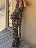 Casual Dresses Women S 2-stycken kjol Set Leopard Print Mesh V-Neck Tie-up Halter Neck Sleeveless Tank Tops Maxi