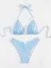 Frauen Badebekleidung Sommer Bikini Set kariert Druck Schnüre -up -BH mit Fliege Tiege Taille sexy sexy