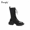 Stiefel Brangdy Mody Women Mid Calf Sock echte Leder Wollschuhe Square Zeh Spleißen Winter -Knöchelspitze