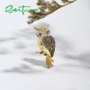 Jewelry SANTUZZA Silver Brooch for Women Authentic 925 Sterling Silver Lovely Brown Owl Bird Animal Fashion Jewelry Handmade Enamel