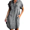Kvinnor denimskjorta klänningar kort ärm orolig jean klänning knapp ner avslappnad tunika topp 240403