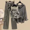 Spring Autumn Three Piece PanSet Wome Large Size Vintage BlouseTank Top Shirt Jeans Cargo Pants piece Set 240407