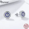 Örhängen Bamoer Authentic 925 Sterling Silver Blue Zircon Evil Eye Lucky Eye Round Studörhängen för kvinnor födelsedagspresent smycken SCE148