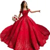 Glitter rode pailletten Appliques Princess Quinceanera kleedt van de schouder Long Charro Prom Sweet 16 -jurk met boog terug luxe Vestido de 15 VX Anos