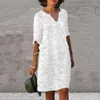 Casual Dresses Female Beach Dress V Neck Half Hides Flower Brodery Pullover Elegant Wear White Color Women Summer Loose Midi