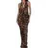 Casual Dresses Women S 2-stycken kjol Set Leopard Print Mesh V-Neck Tie-up Halter Neck Sleeveless Tank Tops Maxi