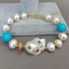 Yygem Natural White Rondelle Pearl Blue Turquoise Nucleated Flameball Baroque Pearl Cz