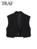 Kvinnors tankar 2024 Summer Fashion Flap V Neck ärmlös enkelknapp Kort toppkontor Casual Suit Vest Y2K