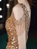 Runway Dresses Luxury Champagne Prom Dress Off Shoulder Sparkly Bead Sequin Sleeveless Tassel A Line O Neck Women Wedding Party Celebrity