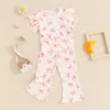 Kleding sets peuter babymeisje zomerkleding geribbelde shirt shirt met korte mouwen bovenste boog print bell bodems wijd uitlopende broek set 3 stks outfit