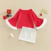 Clothing Sets 2-6Years Girls Three-piece Skirt Suit Red Patchwork Boat Neck Flared Sleeves Pullover A-line And Waistband