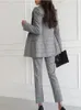 女性エレガントフォーマルビジネスブレザー3ピーススーツオフィスワーク格子縞のジャケットパンツスーツ韓国ファッション女性ビンテージ衣装240407