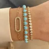 Strands 2024 Summer New Gold Plated Luxury Women Girl Charm Jewelry Heart Shaped Blue Turquoise Stone Tennis Chain Necklace Bracelet