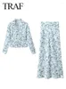 ワークドレス2024春の女性ファッション2ピースセットブループリントvネックスリムクロップシャツプリーツシックなエレガントビーチスタイルの女性スカート