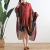 Casual Dresses 2024 High Quality Fashion Vintage Floral Printed Plus Size Silk Thin Dress Summer Robe For Women Batwing Long