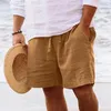 Mens summer cotton and linen shorts with drawstring elastic waist straight legs solid color breathable daily beach capris 240412