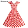 Festklänningar vintage 50 -tal rockabilly rosa rutig klänning flygande hylsa hög midja kvinnor sommar födelsedag retro swing elegant