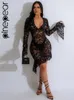 Robes décontractées Pinepear en dentelle noire sexy Voir à travers la mini robe 2024 Chic Women Sleeve V-Neck Birthdans BodyCon Night Party Clubwear