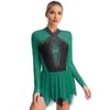 Scen Wear Womens Sparkling Rhinestones Ballet Lyrical Dance Dress Figur Skating Dräkt Oregelbundet hem Keyhole Back Long Sleeve Dresses