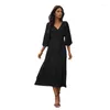 Casual jurken Qybian Dames Wrap Flared Midi Dress Wedding Guest Cocktail A-Line Swing V-Neck 3/4 Sleeve