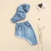 Set di abbigliamento bambine set per bambini estivi abiti in jeans di colore solido a manica corta top a spalla tagliata abiti casual abito casual