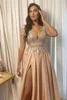 2024 Sexy Champagne Evening Dresses Wear Deep V Neck Short Sleeves Sier Lace Crystal Beads Sheer Back Formal Prom Dress Party Gowns Plus Size Side Split 0513