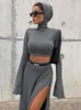 Robes de travail Mueyaruho 2024 Winter Spring Femmes Office Lady Solid Maxi Jirt Set Outfits Grey BodyCon Slim 2 Two Piece Matching