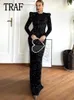 Robes décontractées paillettes robes arrière femme mode noire paillettes longues manches féminines en soirée
