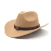 Basker ull västerländsk cowboy hat bälte dekoration topp damer rulla brim cowgirl file cap jazz fedora kashmir hattar etniska kvinnor män