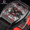 Kits Forsining Skeleton Self Winding Black Red Wristwatch Men's Mechanical Military Watch Rectangle Man Automatic Watches Male Clock