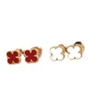 Designer Original 925 Boucles d'oreilles Van Van Mini Clover plaquées avec une agate rouge de Fritillaria blanc 18 carats