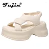 Sandálias Fujin 6cm Microfibra sintética Summer mulheres elásticas de moda confortável Senhoras Peep Toe Slipper Platform Wedge Mujer Shoes