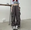 Y2K lastbyxor Zoki Hip Hop Women Streetwear Cargo Pants Lose Polyester Patchwork Full Längd Hög elastisk midja lättviktficka Casual Daily Outfit Summer