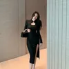 Sıradan Elbiseler Bodycon Kadın Yan Slit Temel Seksi Düzensiz Sonbahar Stand Nazik Kore Stil Partisi All Maç Bayanlar Vestidos