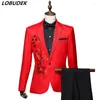 Men's Suits Adult Male Choral Dress Stage Outfit Red White Rhinestones Applique Jacket Pants Wedding Suit Host Prom Slim Costume