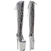 Chaussures de danse Leecabe 23cm / 9 pouces brillantes Pu Upper Bottes sexy petites orteils ouverts Silver Electroplate High Heels Platform Pole