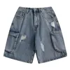 Men's Shorts Wide Denim Ripped Side Pocket Baggy Men 2024 Summer Loose Casual Blue Jeans